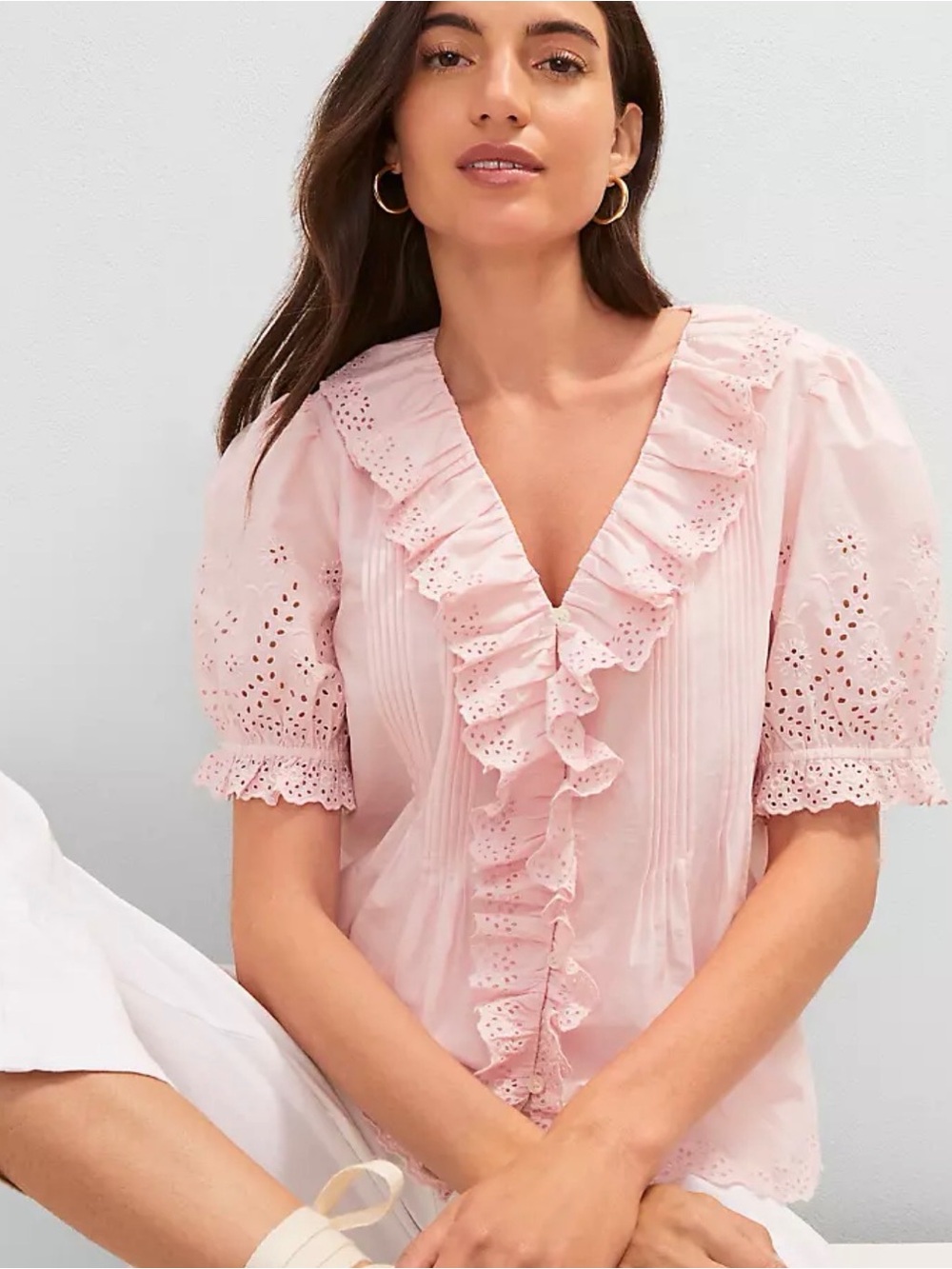 Ann Taylor Weekend Embroidered Ruffle Top Pink eyelet embroidered XL puff sleeve